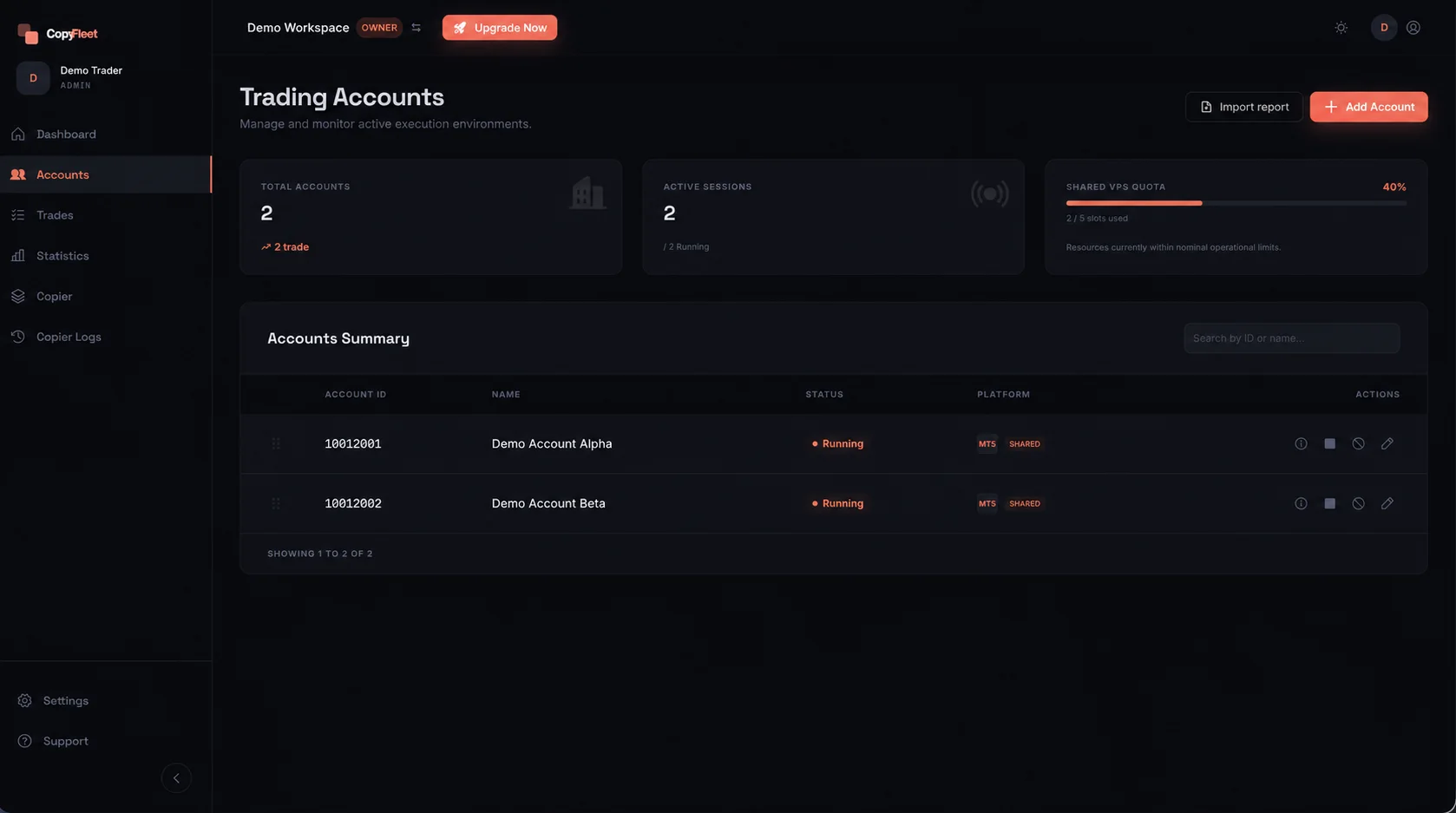 CopyFleet Account Management listing demo MT5 accounts with connection status.