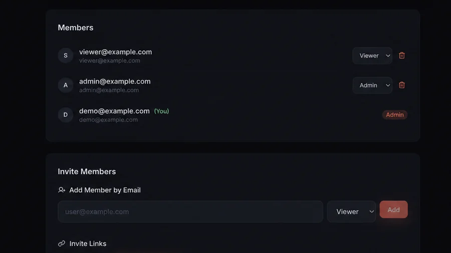CopyFleet team members view with roles and invitation controls using demo data.